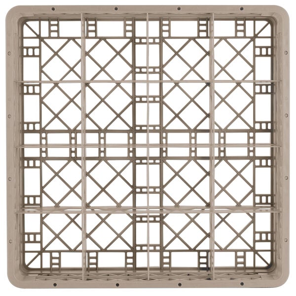 A beige plastic Vollrath Traex glass rack with 16 compartments.