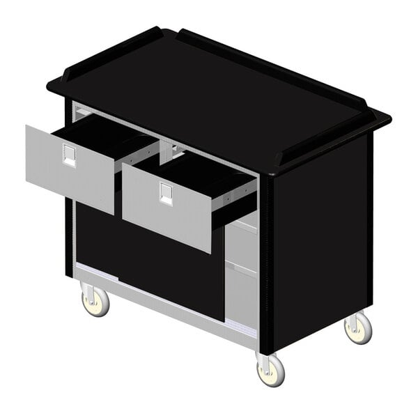 A black and silver Lakeside beverage service cart with two drawers.