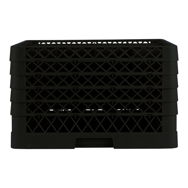 A black full-size plastic glass rack with 16 compartments and a lattice design.