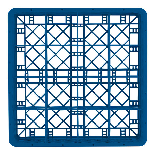 A blue plastic full-size glass rack with a grid design and 16 compartments.
