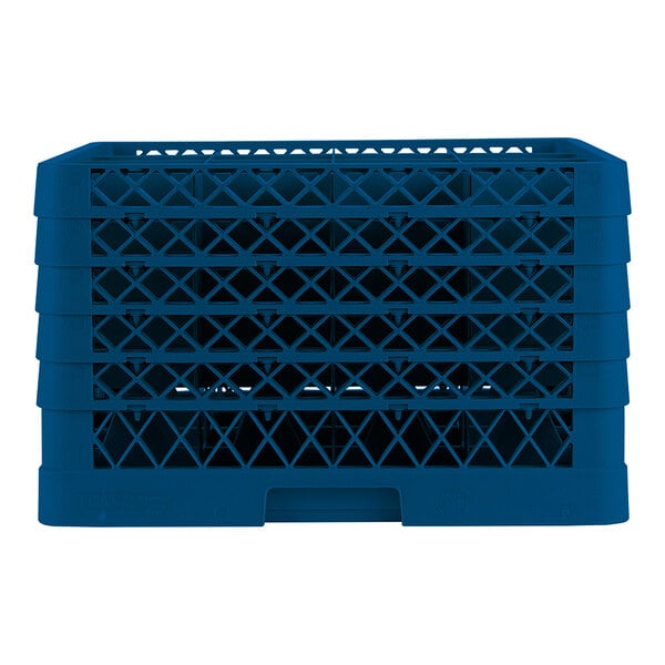 A full-size royal blue plastic glass rack with 16 compartments and a lattice design.