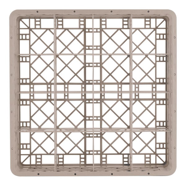 A beige full-size glass rack with 16 compartments designed for holding 11-inch glasses.