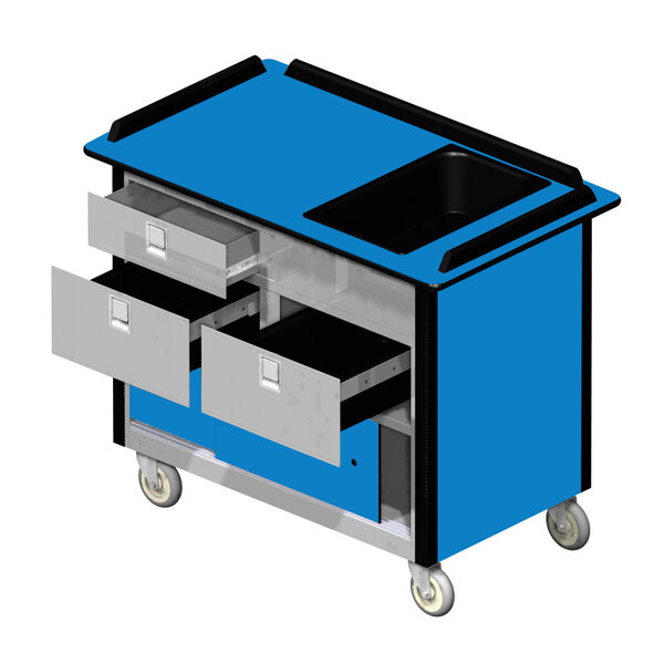 A blue Lakeside stainless steel beverage service cart with 3 drawers on wheels.