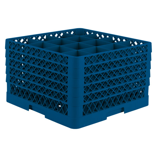 A Vollrath blue plastic glass rack with 16 compartments.