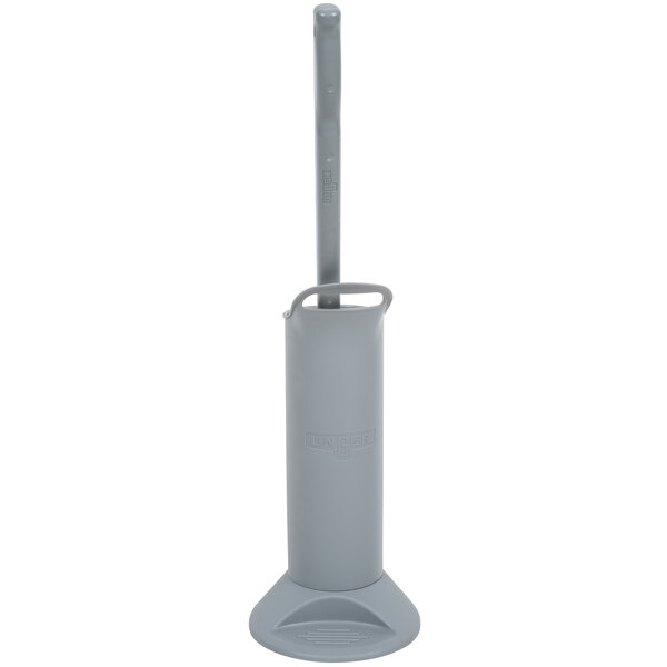 An Unger grey toilet bowl swab with a long handle in a white cylinder with a logo.