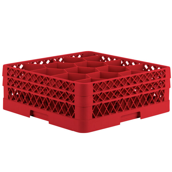 A red Vollrath Traex glass rack with 12 compartments.