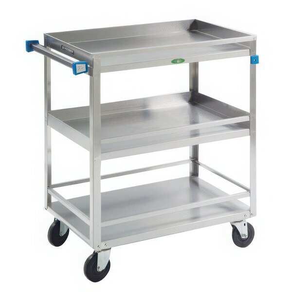 A Lakeside stainless steel utility cart with three shelves and guard rails.