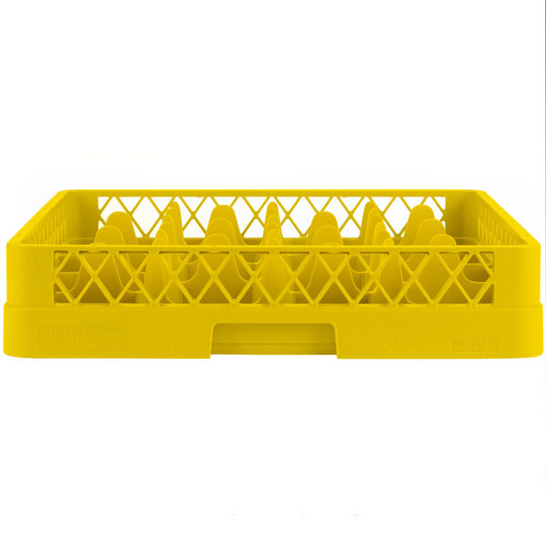 A yellow Vollrath Traex rack with 12 compartments.
