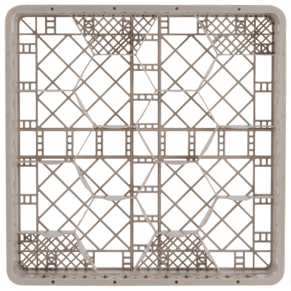 A white plastic crate with square compartments and holes.