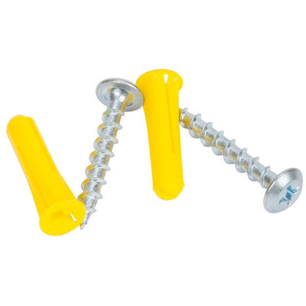 A group of three yellow screws on a white background.