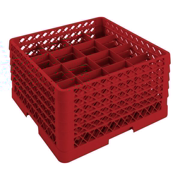 A red full-size glass rack with 16 compartments and an open rack extender on top.