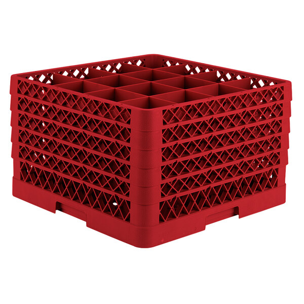 A red Vollrath plastic glass rack with 16 compartments.