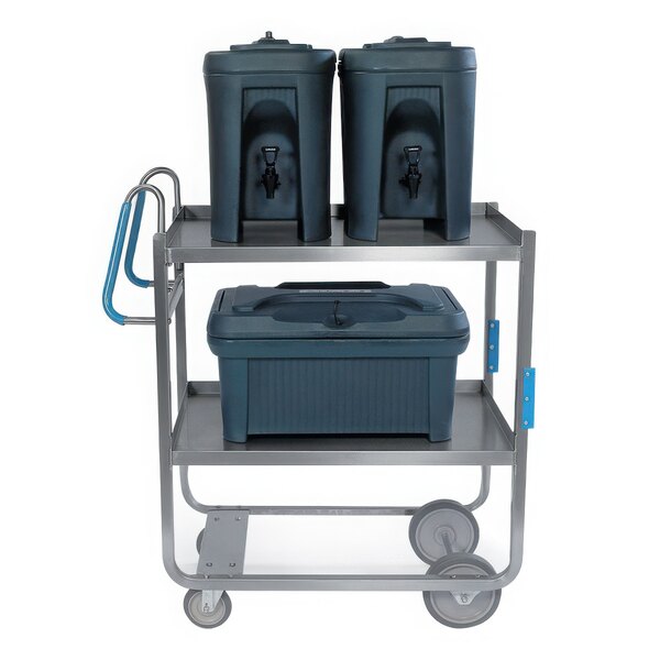 A Lakeside stainless steel utility cart with two shelves holding two containers.