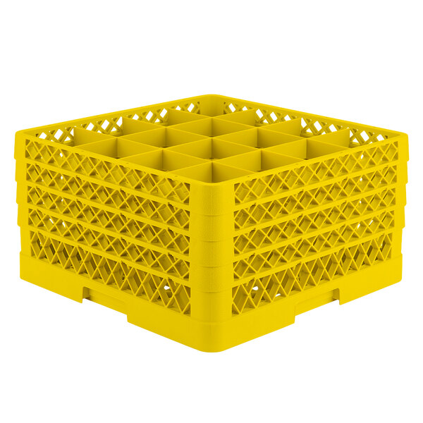 A Vollrath yellow plastic 16-compartment glass rack with open extender on top.