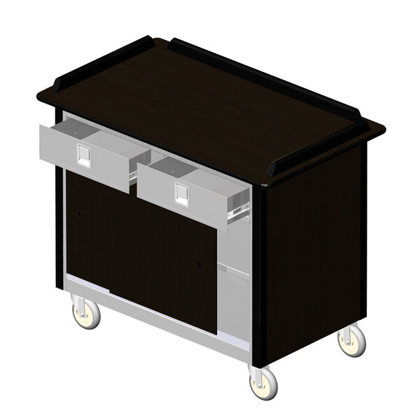 A black Lakeside stainless steel beverage service cart with drawers.