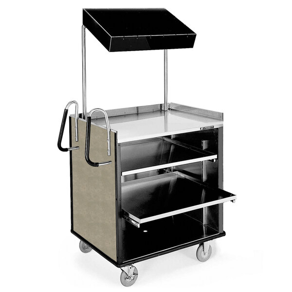 A stainless steel Lakeside vending cart with shelves and a handle.