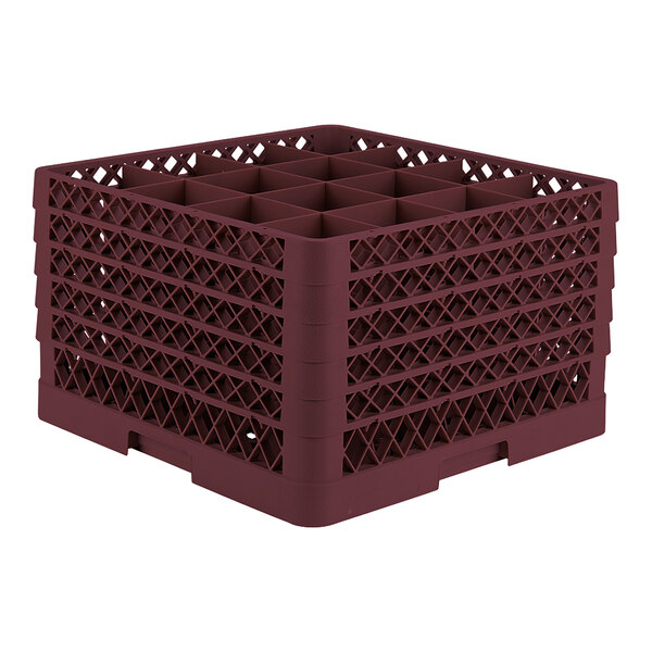 A burgundy full-size plastic glass rack with 16 compartments for holding glasses.
