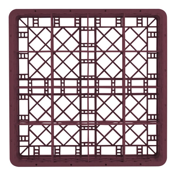 A burgundy full-size plastic glass rack with a grid pattern and 16 compartments.