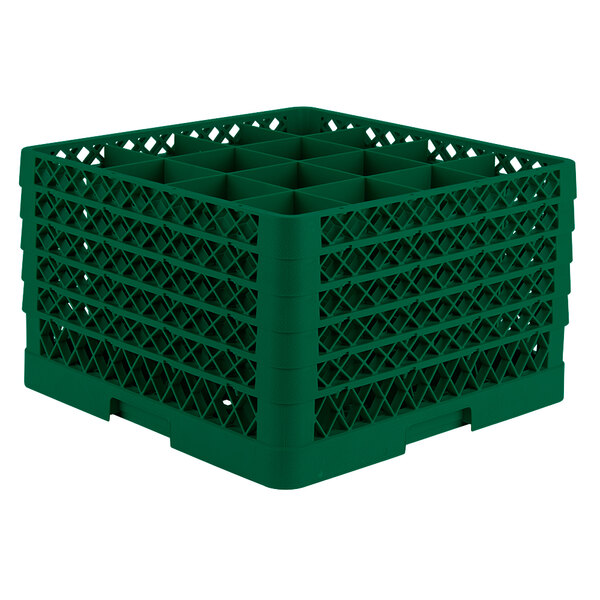 A green plastic Vollrath Traex glass rack with 16 compartments.