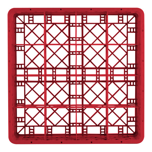 A red full-size plastic glass rack with 16 compartments designed for holding and washing glasses.