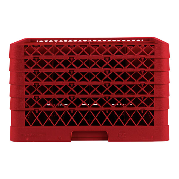 A red full-size glass rack with 16 compartments and a lattice design.