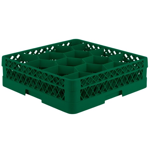 A green plastic Vollrath Traex glass rack with 12 compartments.