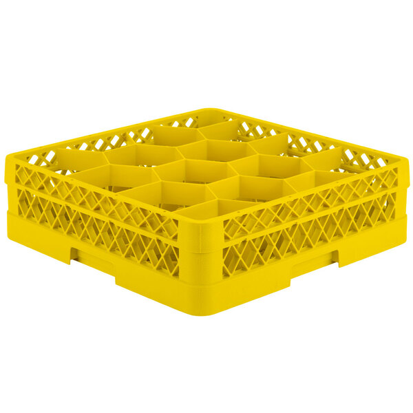 A yellow Vollrath Traex glass rack with 12 compartments.