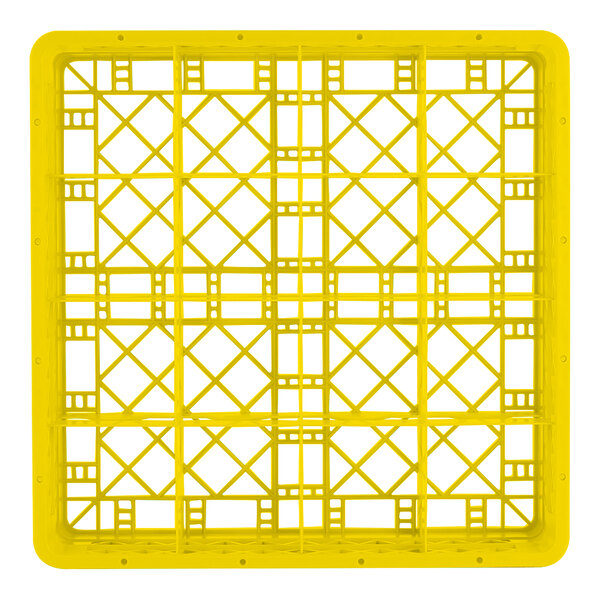 A yellow full-size plastic glass rack with a grid design and 16 compartments.
