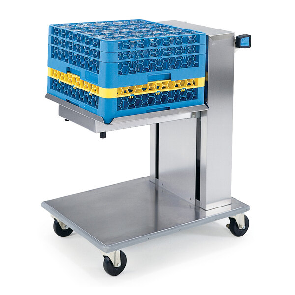 A Lakeside stainless steel mobile tray dispenser with a blue tray on it.