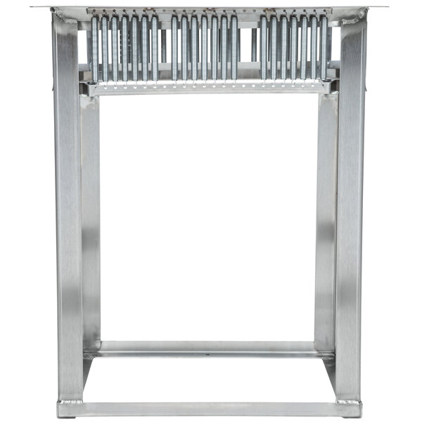 A Lakeside stainless steel rectangular tray rack dispenser with metal rods.