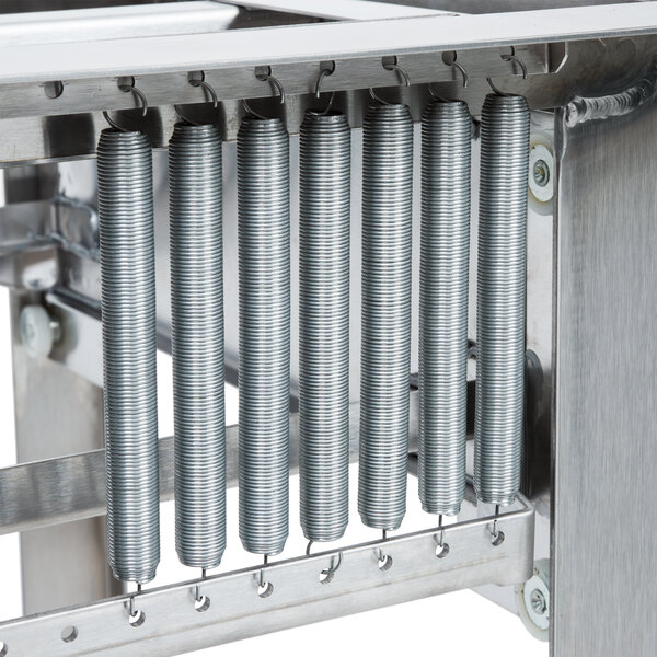 A Lakeside stainless steel tray rack dispenser with metal rods.