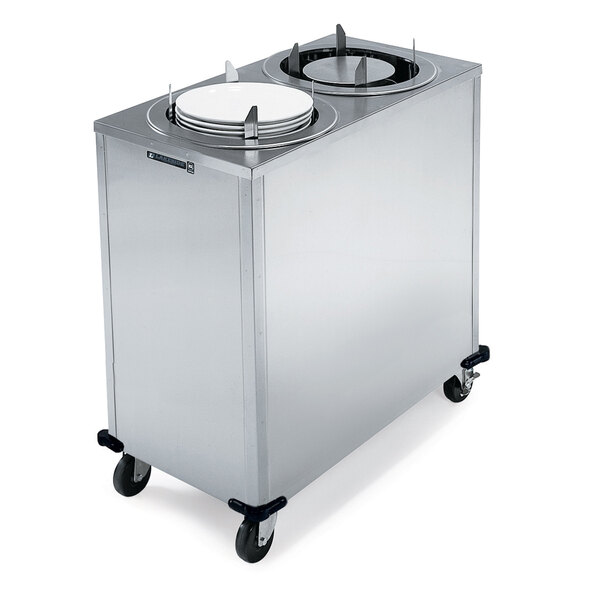 A Lakeside stainless steel mobile enclosed dish dispenser with two round lids on top.