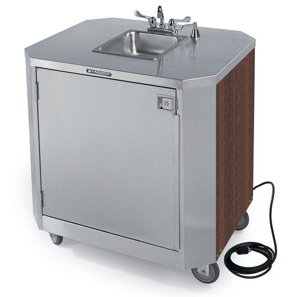 A Lakeside stainless steel portable hand sink on wheels.