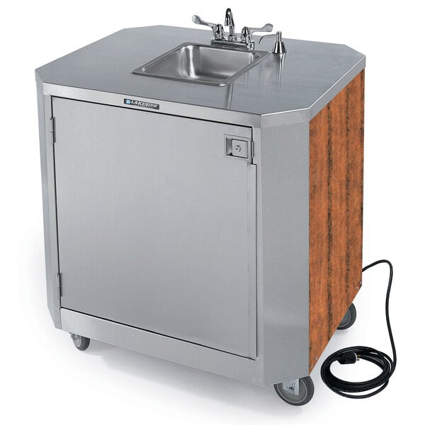 A Lakeside stainless steel hand sink on wheels.