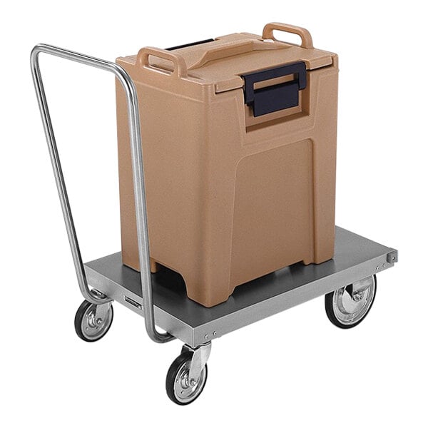 A Lakeside stainless steel platform truck with a brown box on it.