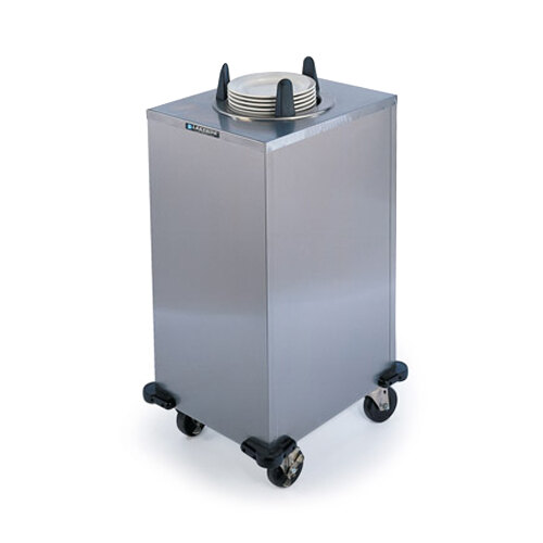 A stainless steel Lakeside heated dish dispenser on wheels with plates inside.