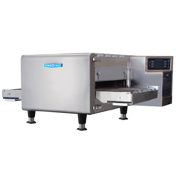 A TurboChef countertop conveyor oven with a stainless steel top and a screen with buttons.