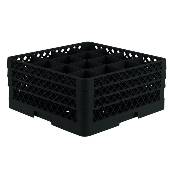 A Vollrath Traex black plastic glass rack with 16 compartments.