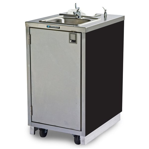A Lakeside stainless steel hand sink on wheels.