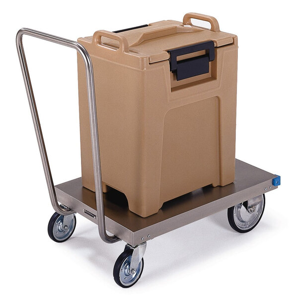 A tan container on a Lakeside stainless steel platform truck.