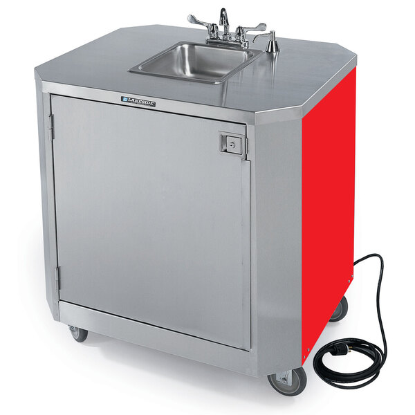 A Lakeside stainless steel portable hand sink on wheels.