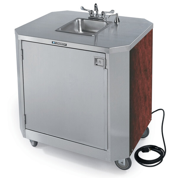 A Lakeside stainless steel hand sink on wheels.