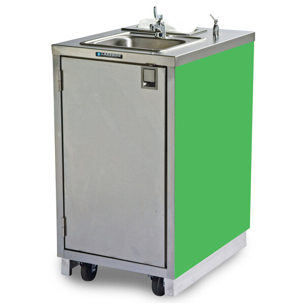 A Lakeside stainless steel portable hand sink cart with a green top and wheels.