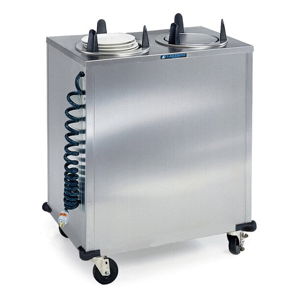 A large stainless steel Lakeside dish warmer on wheels with two enclosed stackers.