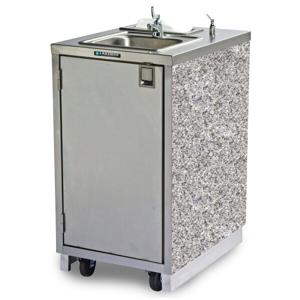A Lakeside stainless steel hand sink cart with a door on wheels.