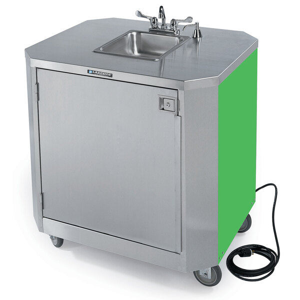 A Lakeside stainless steel hand sink on a green cart with a water dispenser.