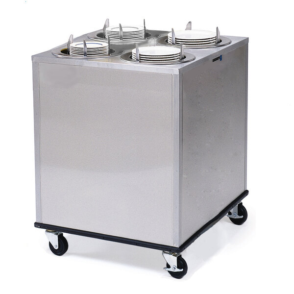 A large stainless steel Lakeside mobile dish dispenser with four plates on it.