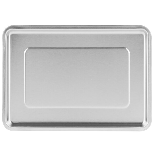 A stainless steel rectangular tray with a silver border.