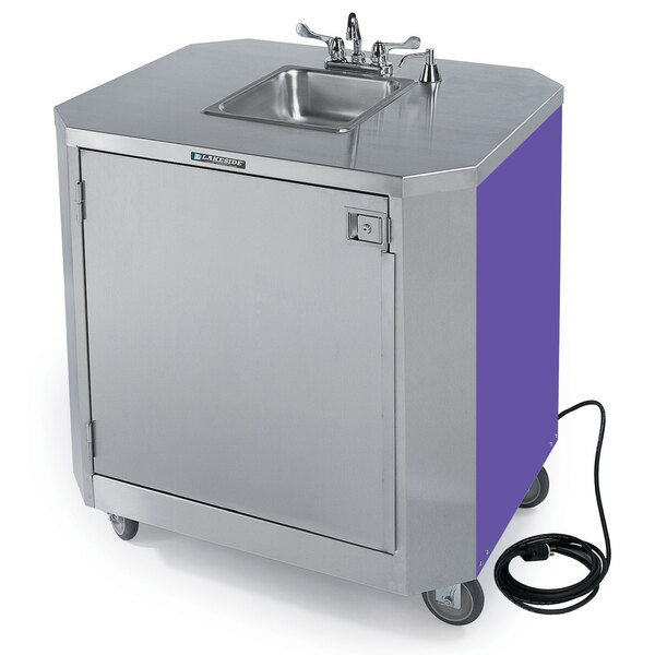 Lakeside 9610p Portable Self Contained Stainless Steel Hand Sink Cart With Hot Cold Water Faucet Soap Dispenser And Purple Finish 120v