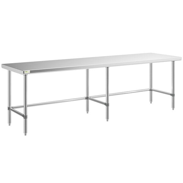 A Regency stainless steel rectangular work table with open metal legs.